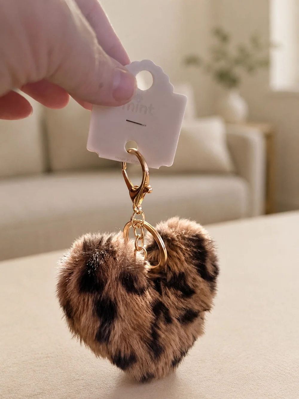 Mint Leopard-Print Heart Pom Keychain with Gold Hardware